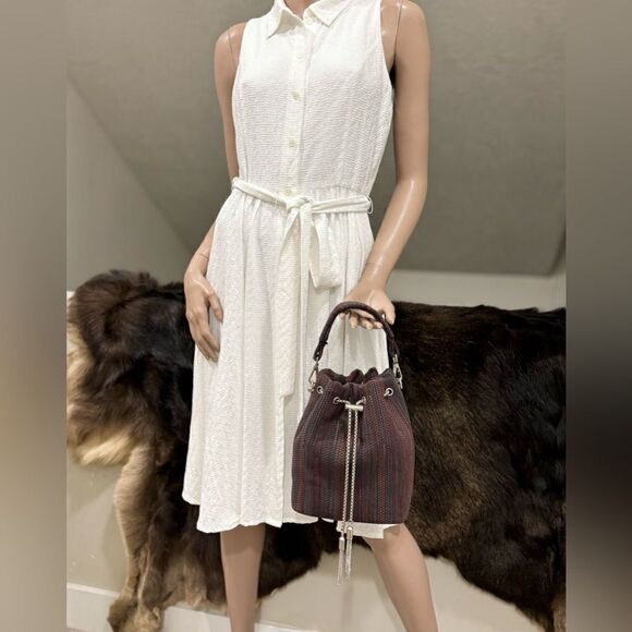 Colorful Stripe  Genuine Woven Leather Drawstring Bucket Bag & 3 Strap Styles - Picture 8 of 16